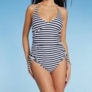 Kona Sol Navy & White Striped 2 Ring Back Side Sinch Swimsuit Size M (8-10)